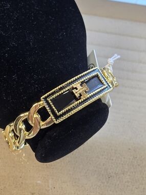 Tory Burch Gold-Tone Chain Bracelet with Black Enamel Logo Plate